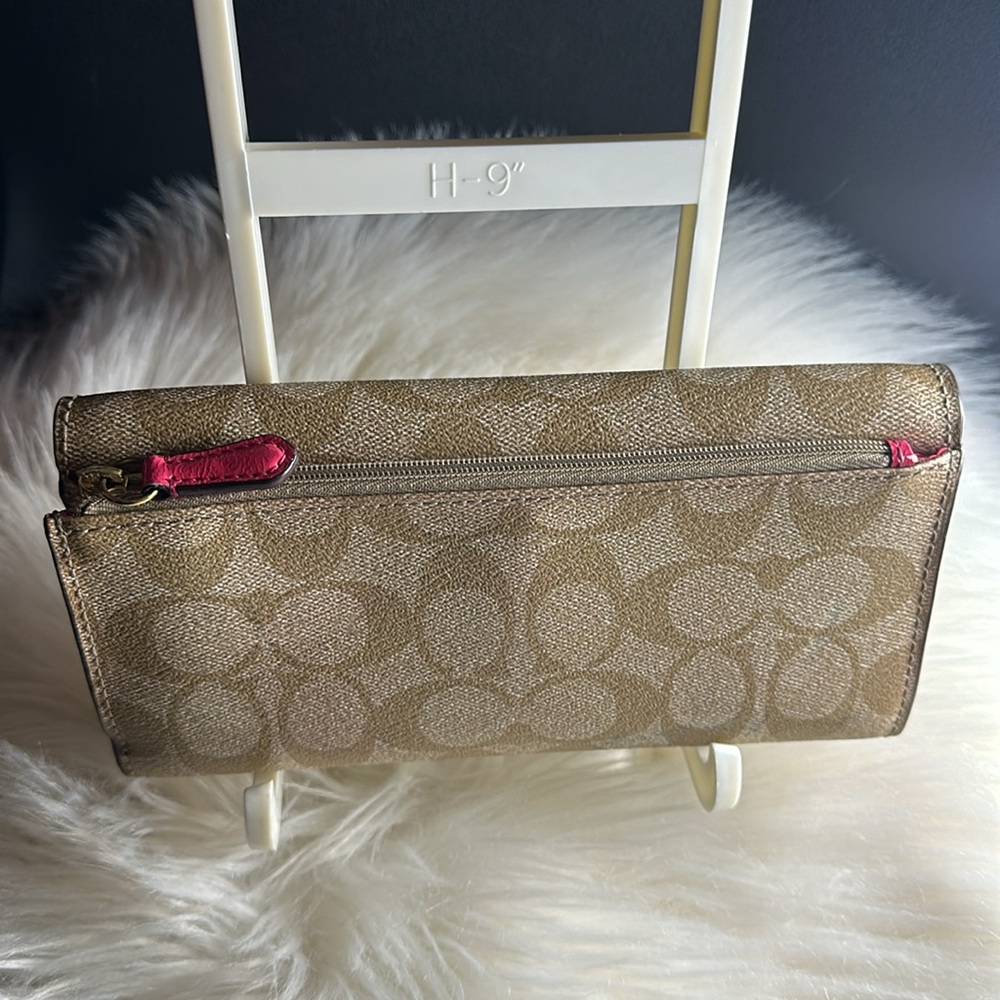 Coach Signature Coated Canvas Full Size PVC Checkbook Wallet Khaki / Pink Ruby - Picture 4 of 12